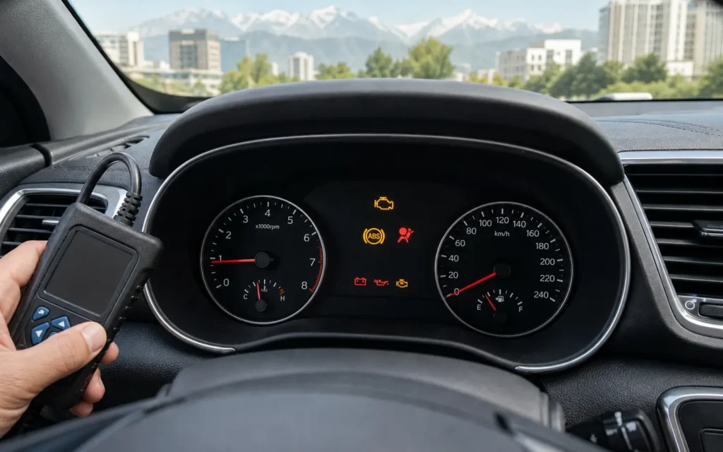 Горящие индикаторы Check Engine, ABS и Airbag на панели автомобиля в Алматы